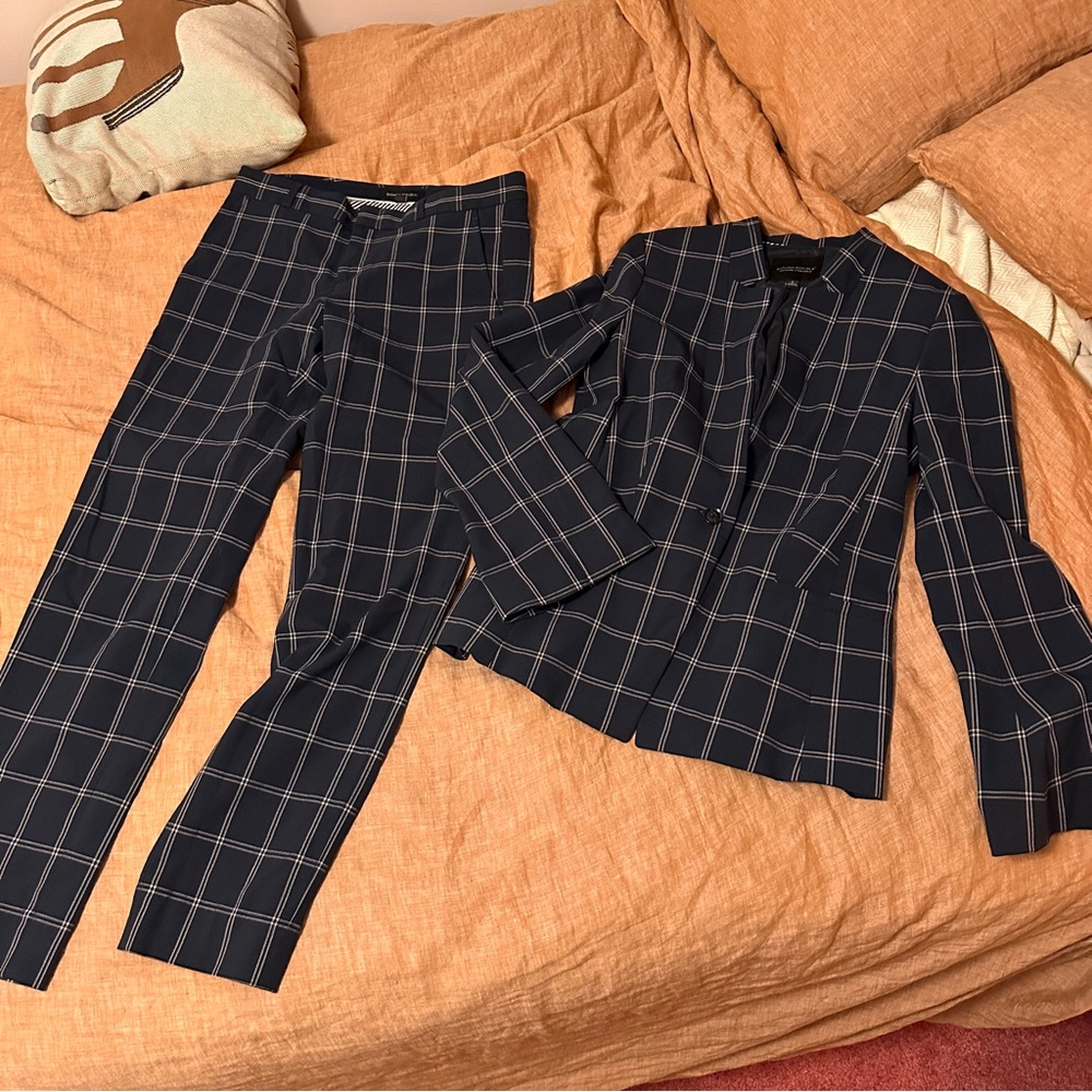 Tailored Navy Windowpane Plaid Pantsuit - Women Banana Republic